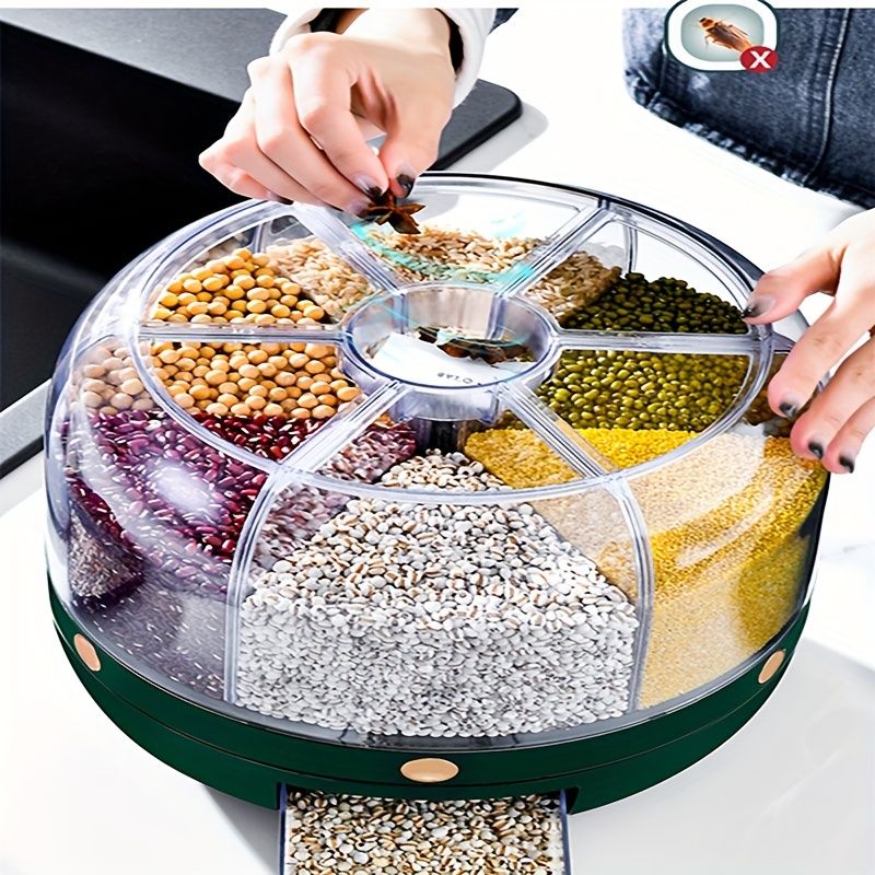 1pc 360-degree Rotating Grain Storage Box With 6 Compartments And Measuring Cup, Automatically Dispenses Rice With Press Button_voghion.com
