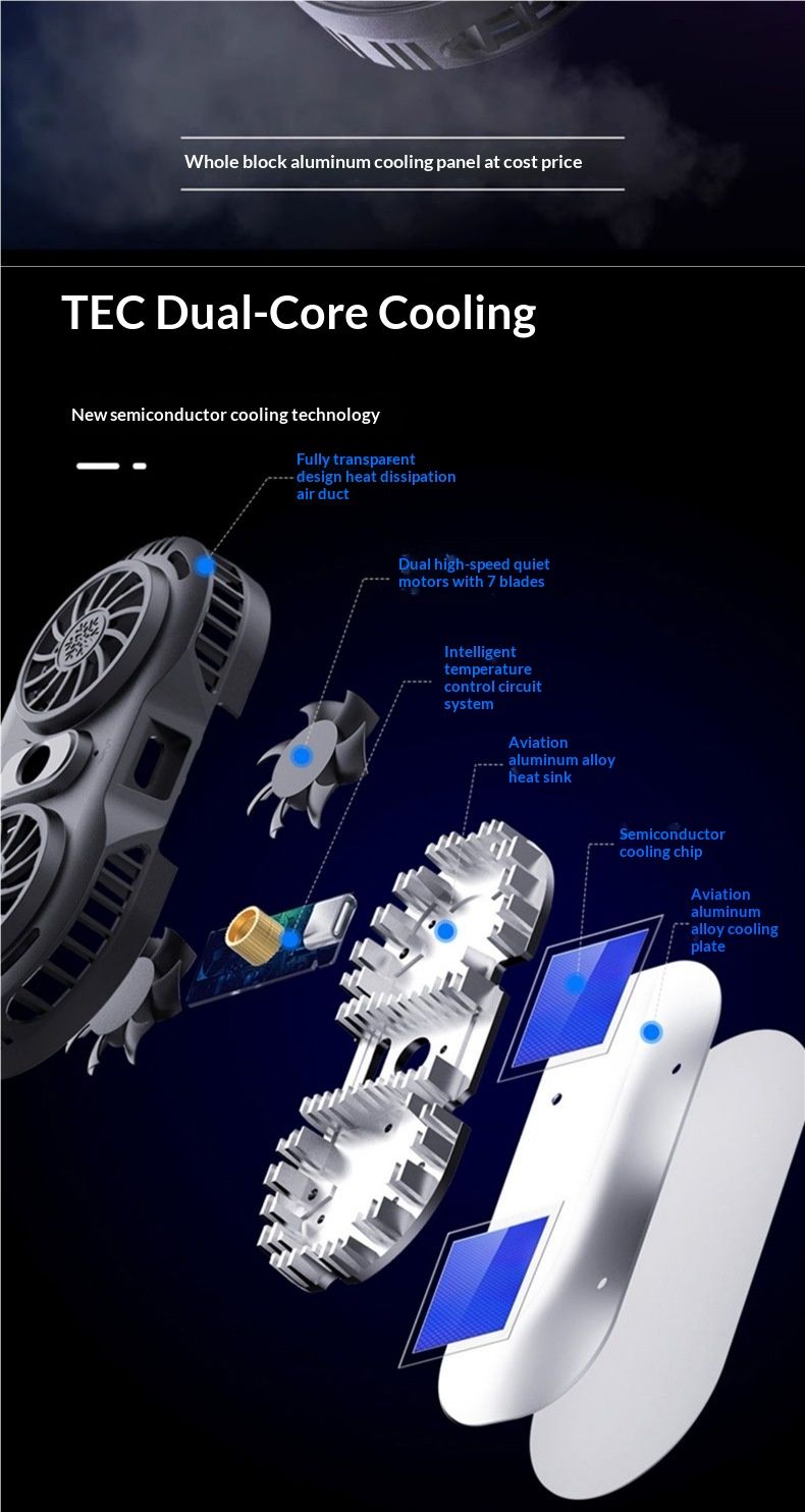 Digitex Phone Cooler Semiconductor Quiet Gaming Water Cooling Back Clip Live Streaming Stand With Fan Charging_voghion.com