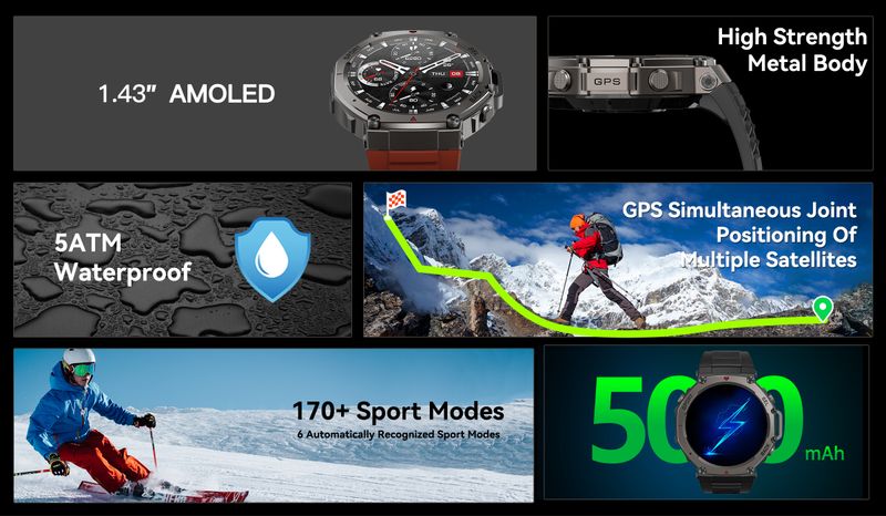 Montre connectée GPS originale T-Rex 3 pour hommes, étanche 5 ATM, avec horloge de natation, plus de 170 modes sportifs, appels HD, compatible avec Huawei, Samsung, Android et iOS (2025)_voghion.com