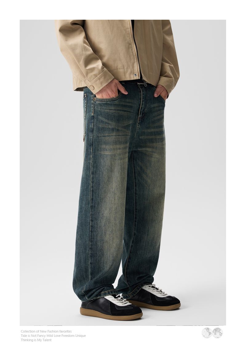 Jeans elasticizzati CLeanfit da uomo, larghi e dritti, Harlan, alla moda, lunghi, a vita media, stile retrò americano, lavato, K11, denim, otto cilindri, Xiansen Zhi Clothes_voghion.com