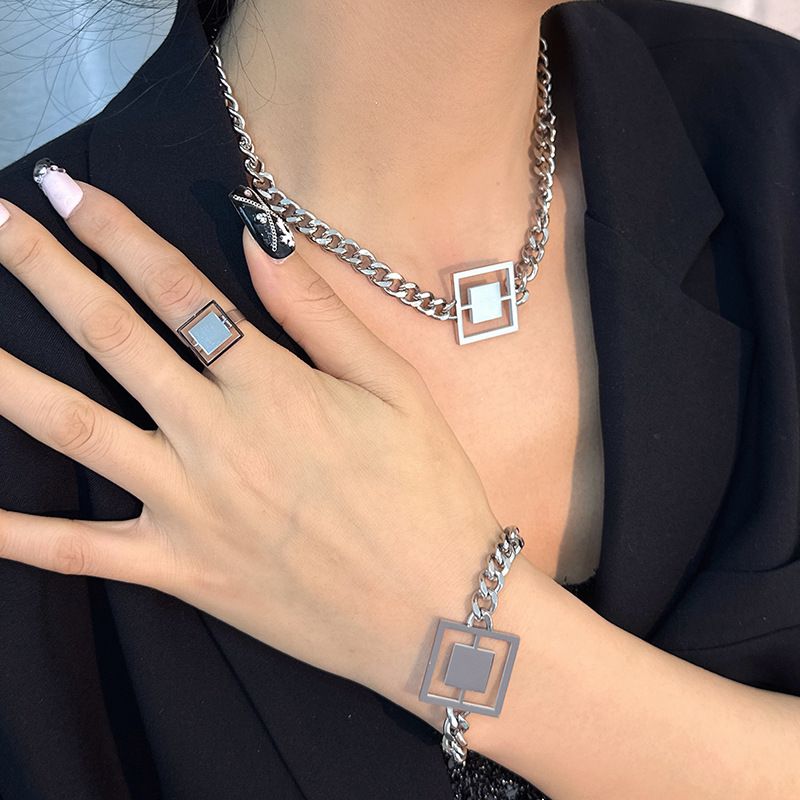 Titanium Steel Geometric Hollow Square Earrings Ring Cuban Necklace Bracelet Niche Design Sense Non-Fading Jewelry Set_voghion.com