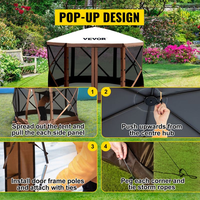 VEVOR Camping Gazebo Screen Tent; 12*12ft; 6 Sided Pop-up Canopy Shelter Tent with Mesh Windows; Portable Carry Bag; Stakes_voghion.com