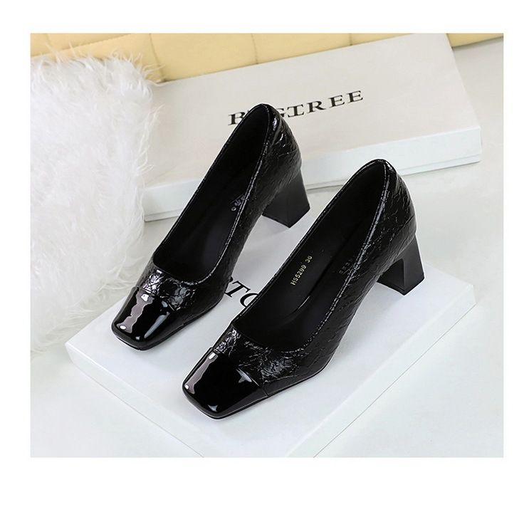 Patchwork Pendlerschuhe mit hohem Absatz, mittlerem Absatz, klobiger quadratischer Zehenpartie und schlichten Schuhen_voghion.com