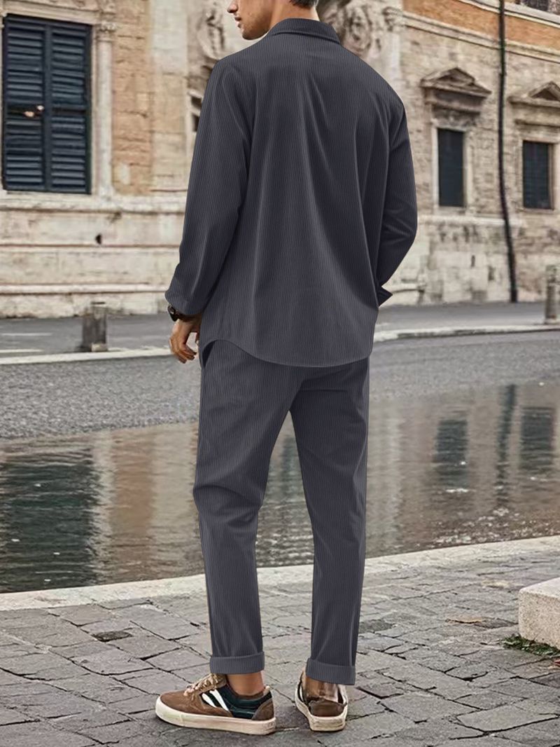 Herren Herbst Casual Button Down Hemd Strickjacke Langarm Hosen Anzug_voghion.com