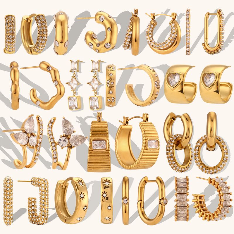 Irregular Zircon Inlaid Thick C-Shaped Hoop Stainless Steel Gold-Plated Fashion Commuter Earrings For Women_voghion.com