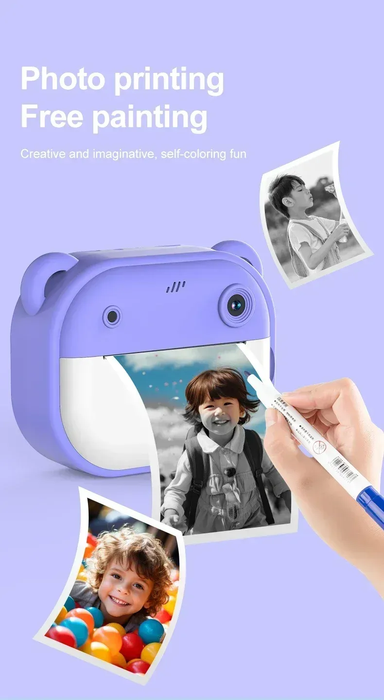 Câmera digital infantil com impressão instantânea para crianças, câmera térmica com impressão instantânea de fotos, câmera de vídeo e brinquedos + cartão de memória de 32 GB_voghion.com