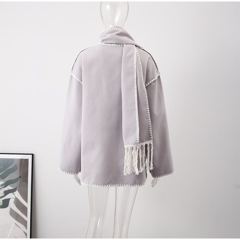 Women's Clothing autumn and winter new fashion women's woolen coat thickened loose jacket with scarf tassels for women_voghion.com