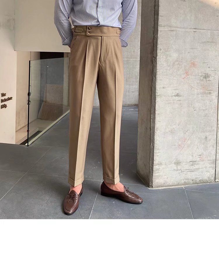 Herrenbekleidung Einfarbige Neun-Punkt-Hose mit hoher Taille Temperament Lässige Business-Hose mit italienischen Pariser Knöpfen Herrentrend_voghion.com