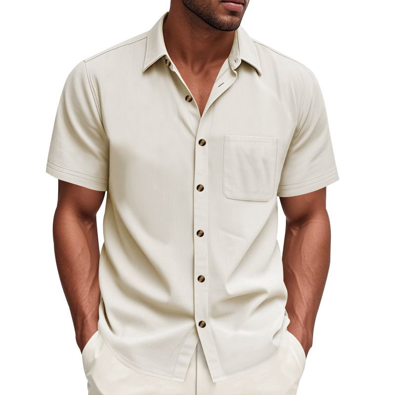Summer Men's Woven Lapel Solid Color Large Size Casual Simple Business Short Sleeved Shirt Men_voghion.com