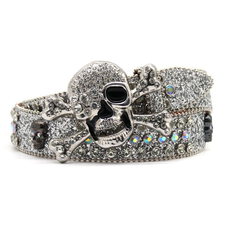 Silver Skull Head with Men's Inlaid Rhinestone Belt Personalized Hip Hop Punk Style_voghion.com