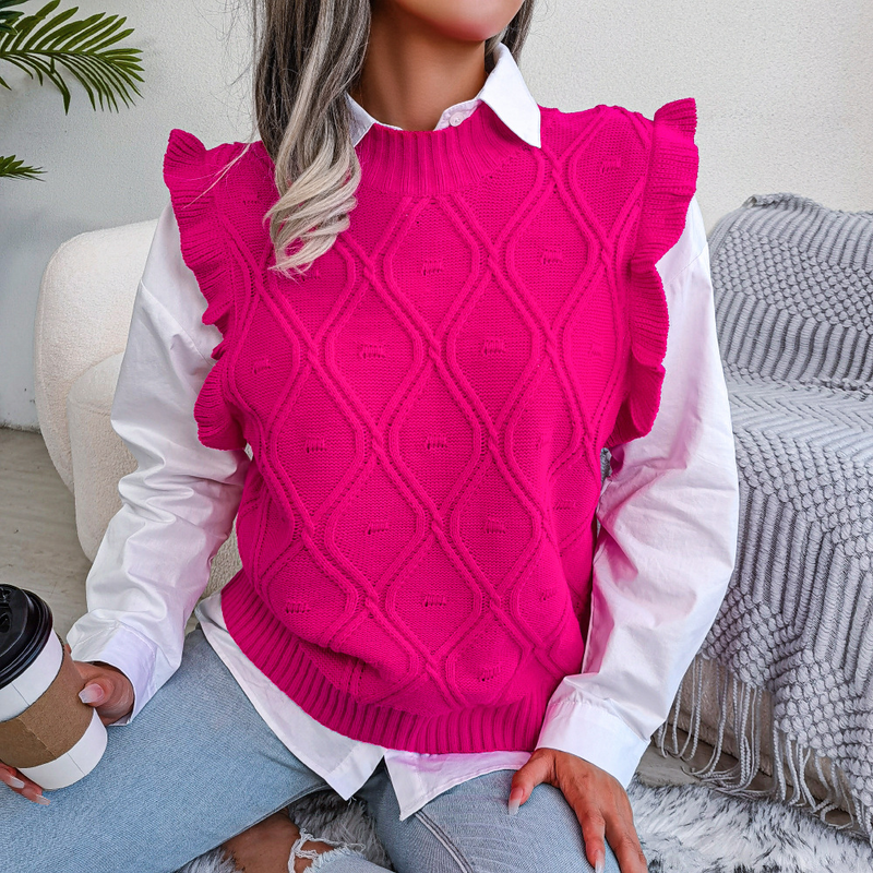 2025 Herbst Winter Rüschen Rand Diamant Gestrickte Weste Pullover Damenmode_voghion.com