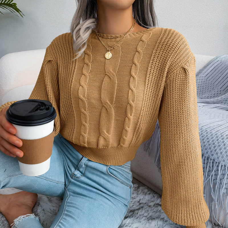 Maglione lavorato a maglia con maniche a lanterna intrecciate, stile casual, autunno inverno, da donna_voghion.com