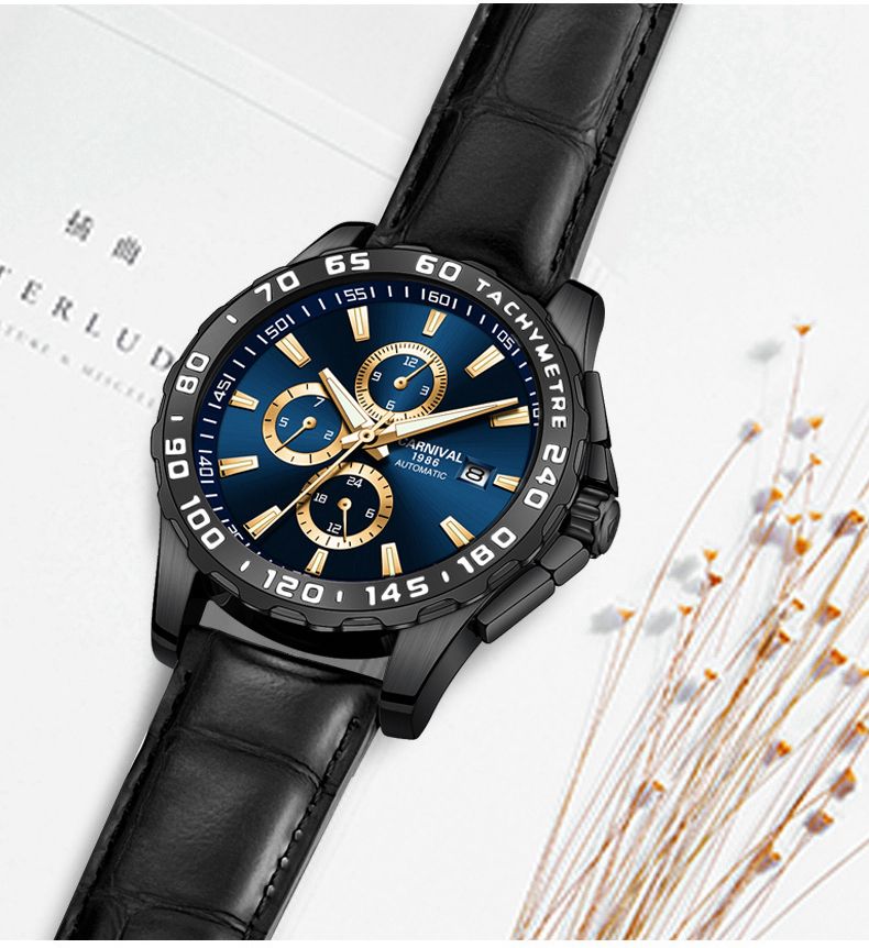 CARNIVAL Montres mécaniques multifonctions pour hommes, montre automatique à double calendrier, bracelet en cuir, lumineuse, étanche_voghion.com
