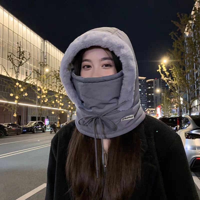 Hat, scarf and neck integrated women's winter warm artifact, windproof mask, velvet thick pullover hat._voghion.com