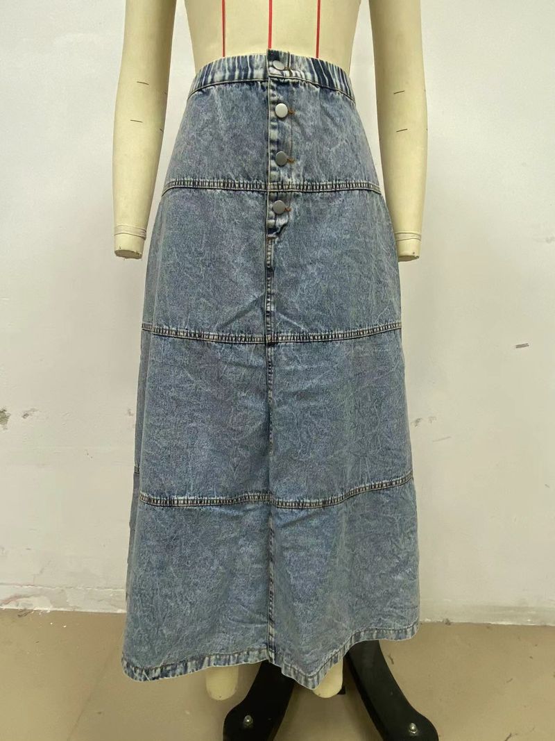Gonna in denim a strati stile bohémien per donna - Stampa fiocco di neve lavaggio vintage - Gonna midi casual in misto cotone (S, M, L, XL)_voghion.com