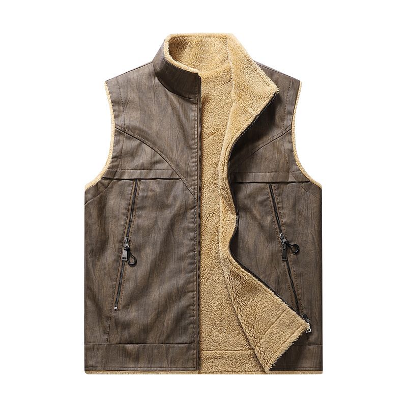 Gilet in pelle PU in pile primaverile e autunnale da uomo, caldo, sportivo, avvolgente, multitasche_voghion.com