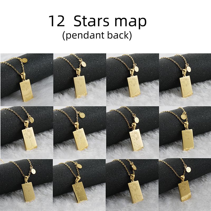 Edelstahl 12 Konstellation Halskette weiblich K Gold Quadrat Zwölf Konstellation Titan Stahl Anhänger Schlüsselbein Kette_voghion.com