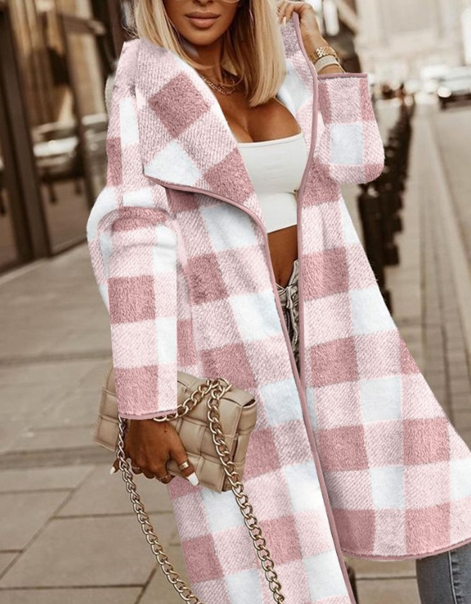 Damenbekleidung Mode karierte Wolljacke mittellanger Mantel_voghion.com