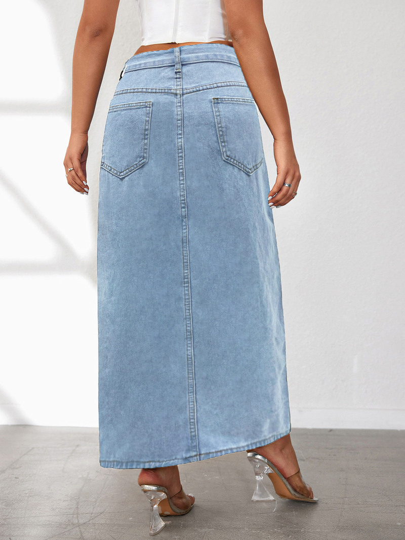 gonna in denim con spacco alto per donna gonna di media lunghezza in tinta unita lavata nuovo stile_voghion.com