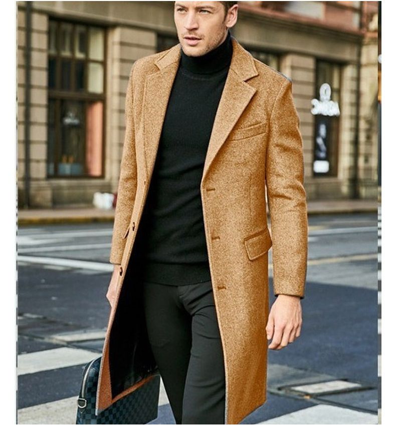 Men's Clothing Slim Mid Length Woolen Coat Single Breasted Trench Coat Slim Fit_voghion.com