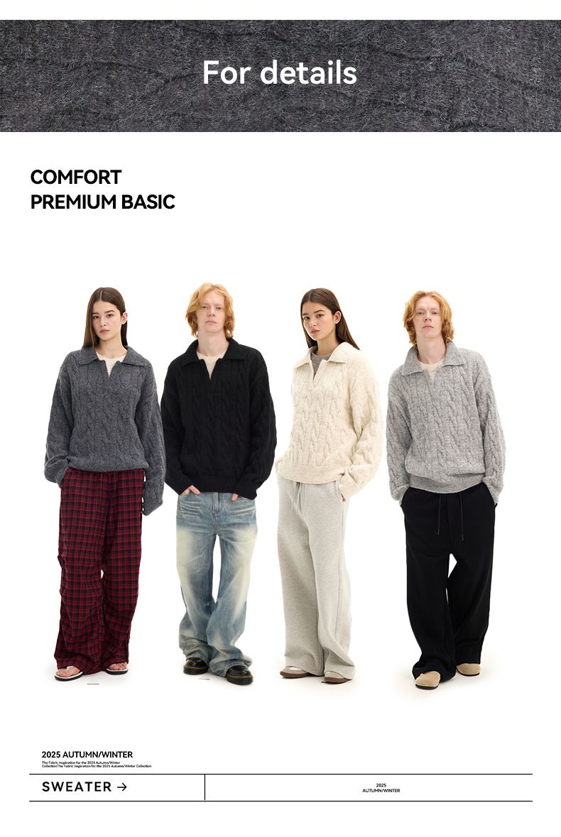 Pull unisexe oversize en maille de laine mélangée à effet superposé - Pull d'hiver doux et confortable (Noir, Gris foncé, Crème, Gris clair)_voghion.com