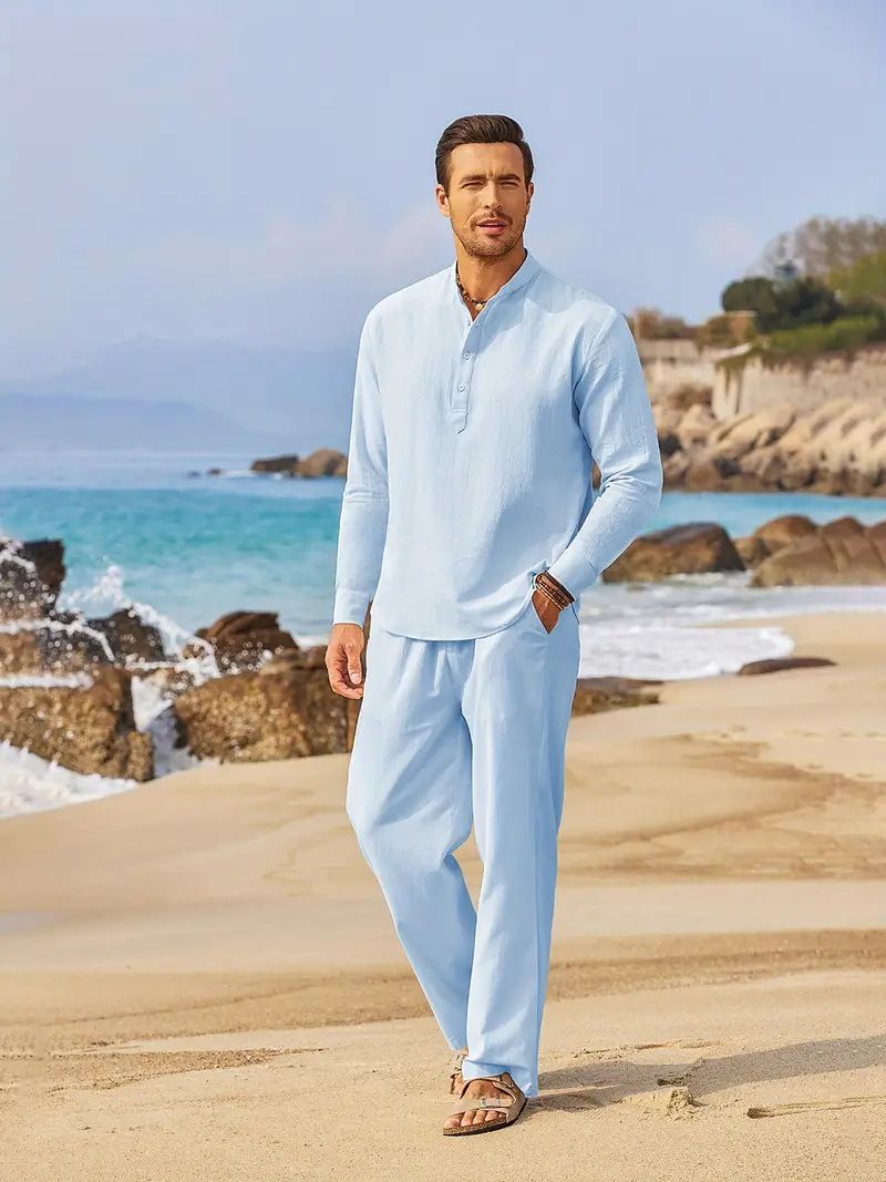 Îmbrăcăminte bărbătească de toamnă Produse noi Cămașă cu mânecă lungă din bumbac și in, culoare solidă, casual, costum de trend_voghion.com