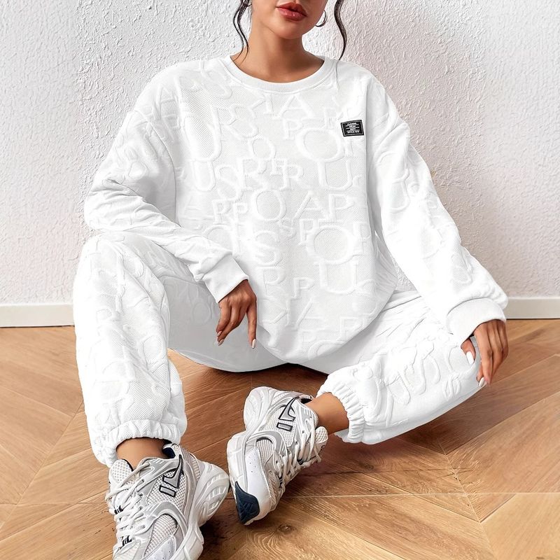 Ensemble sweat-shirt à manches longues et pantalon à col rond de couleur unie pour automne et hiver, style décontracté français avec lettres_voghion.com
