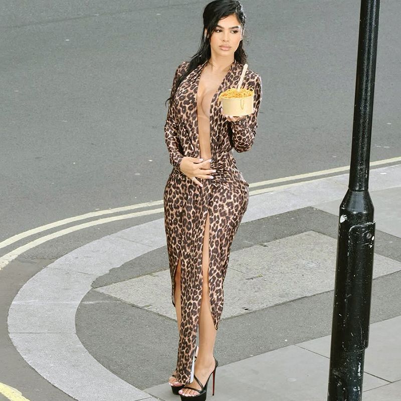 Sexy Leopard Print Maxi Dress With Deep V-Neck & High Slit - Long Sleeve, Ruffle Detail, Bodycon Fit - Sizes S, M, L_voghion.com