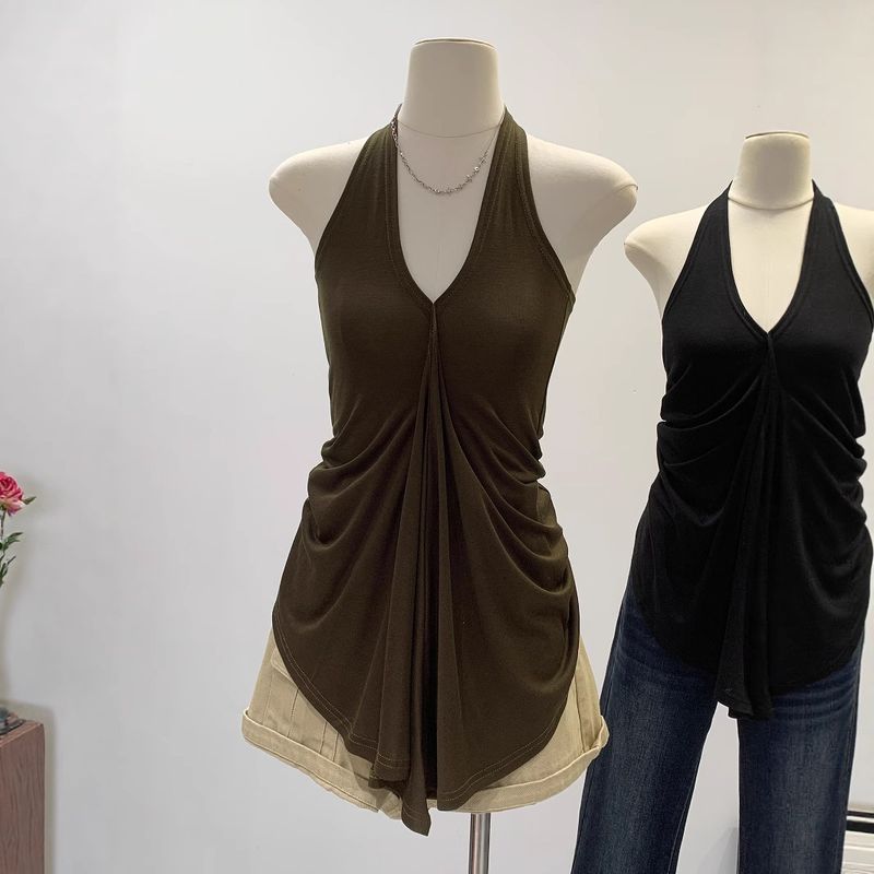 Lyocell Tencel Halter Neck Backless Slim V-Neck Camisole Summer 2025 New Korean Style Versatile Sleeveless Top_voghion.com