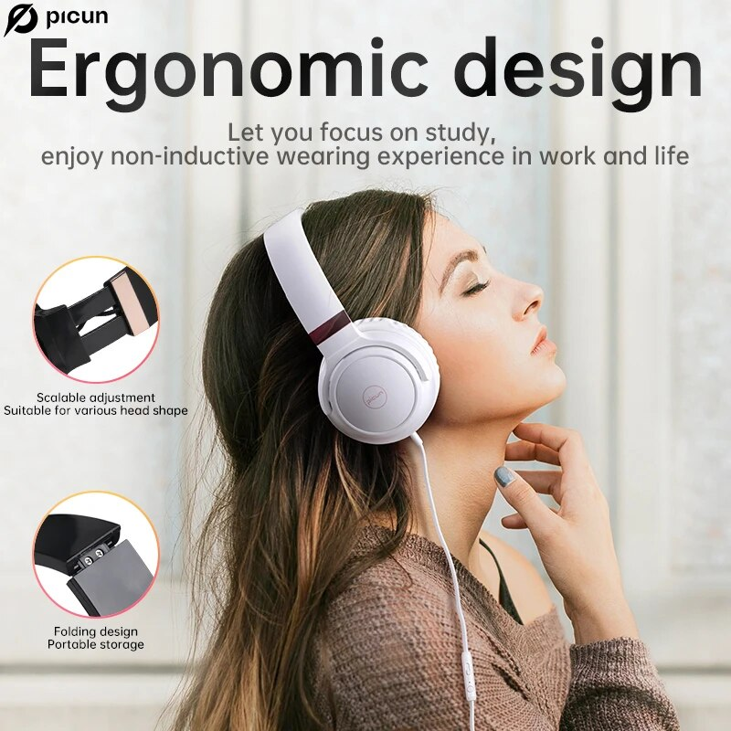 Picun C60 Cuffie On-Ear con microfono e controllo del volume Isolamento acustico Computer cablato Over Ear Aux Jack 3,5 mm_voghion.com