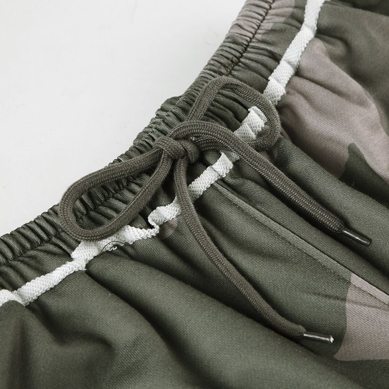 Sweat-shirt à capuche zippé de couleur contrastée camouflage pour femmes + pantalon de survêtement ample grande version décontracté deux pièces_voghion.com