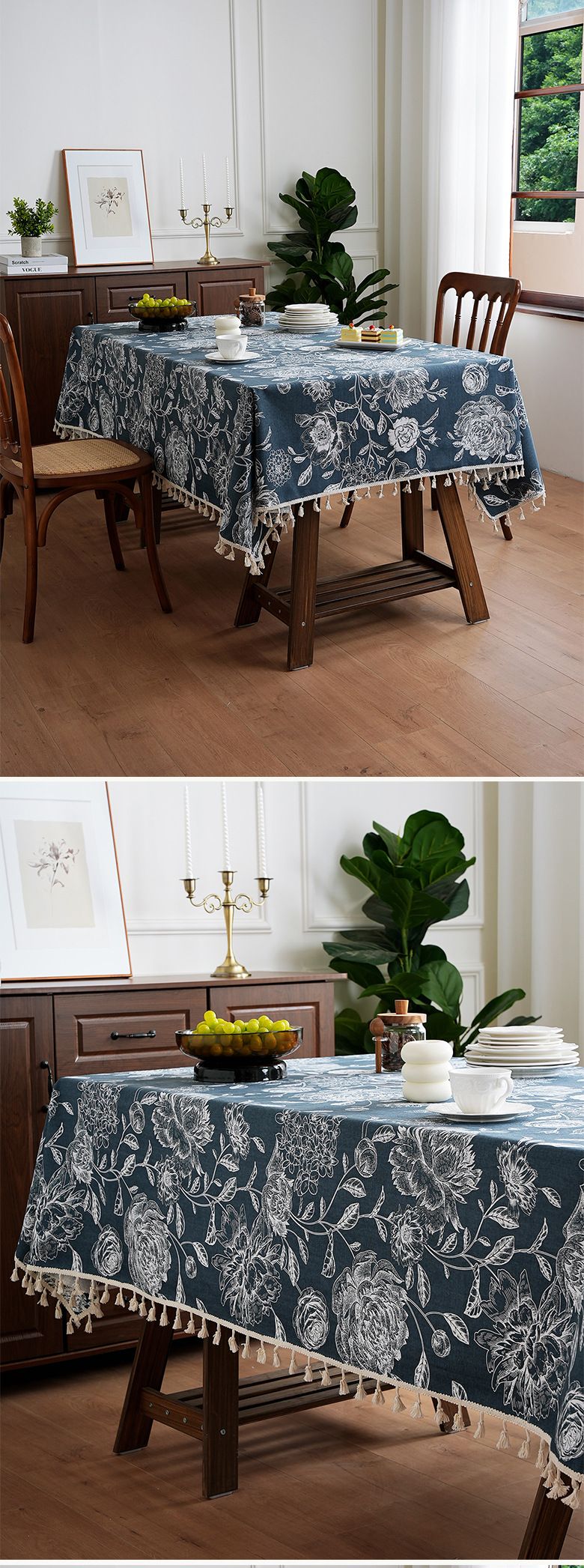 Vintage Floral Tablecloth – Luxe Polyester Rectangular Table Cover For Dining, Coffee, Tea Party – 150x100cm To 150x300cm – Warm Brown & Navy Blue_voghion.com