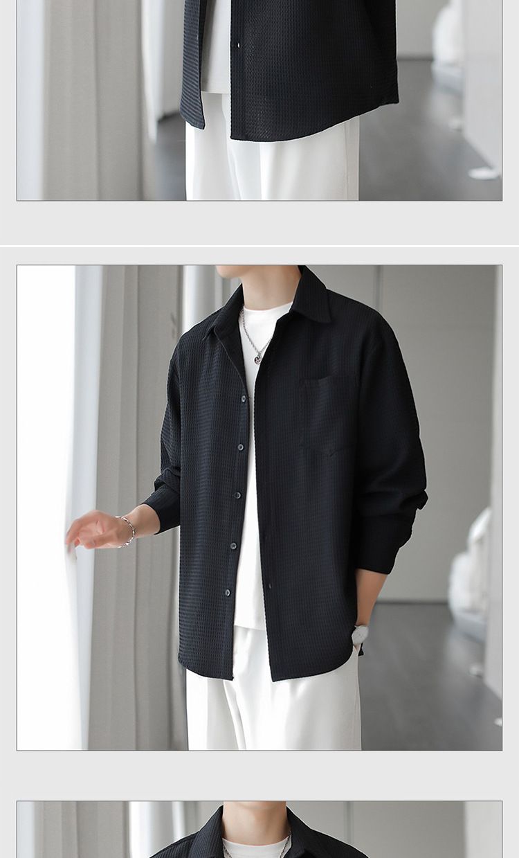 Abbigliamento da uomo a maniche lunghe in seta ghiacciata casual, camicia nera da uomo a maniche lunghe in seta ghiacciata pesante, vestibilità slim, casual, per primavera e autunno_voghion.com