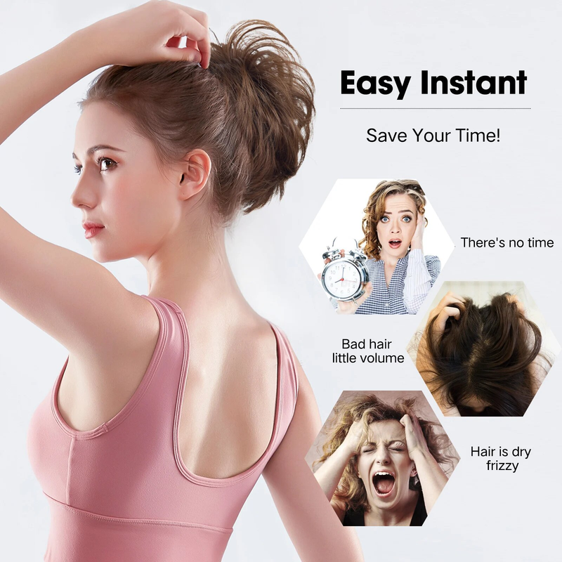 Sintētiski pūkaini sprādzes mezglā veidoti matu gabaliņi, nekārtīgi, taisni, augšup vērsti matu pieaudzējumi, regulējami DIY šignonu aksesuāri sievietēm_voghion.com