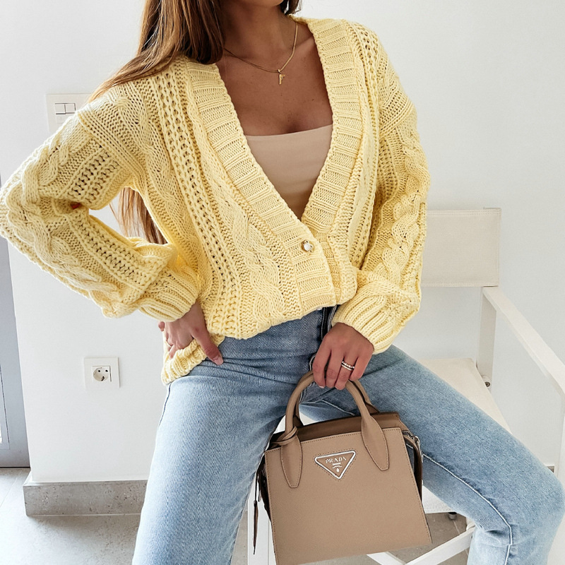 Cappotto maglione casual da donna Cardigan in maglia twist con scollo a V_voghion.com