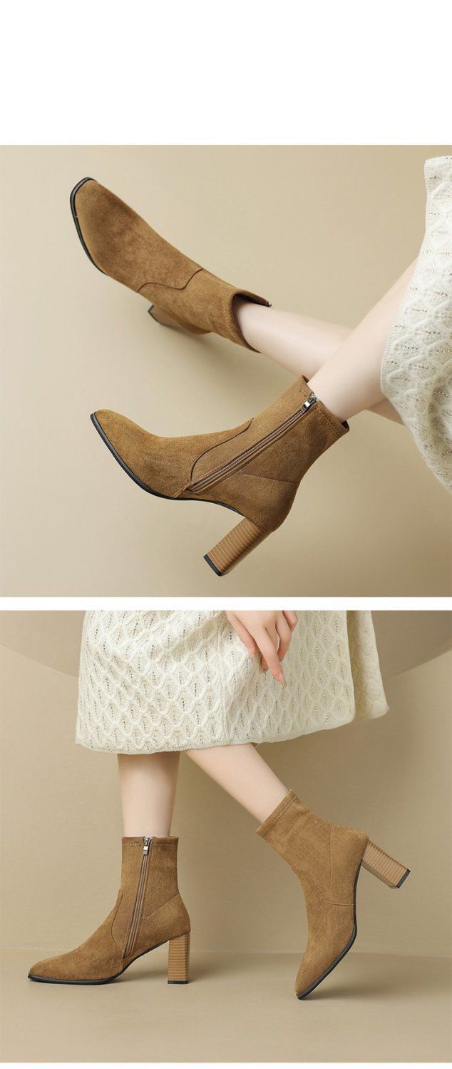 Women's Velvet Thick Heels Skinny Short 2024 Autumn/Winter European New Style Square Head Suede French Boots_voghion.com