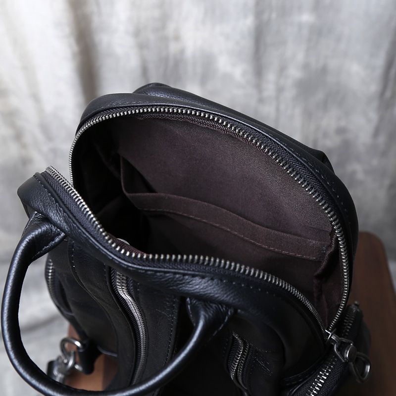 Black men's backpack, new casual leather small backpack, top layer cowhide chest bag, multifunctional travel crossbody bag_voghion.com