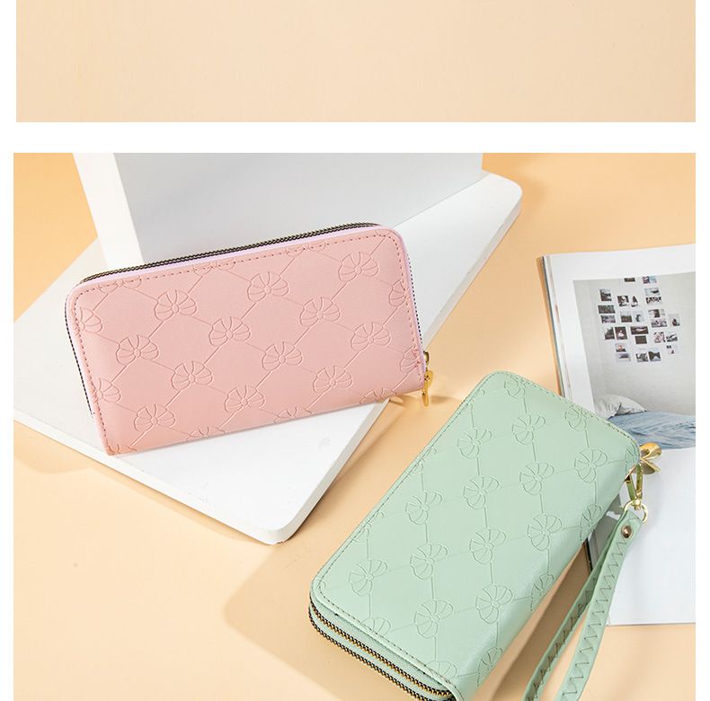 Portafoglio lungo da donna, alla moda, semplice, con fiocco stampato, grande capacità, doppia cerniera, porta cellulare_voghion.com