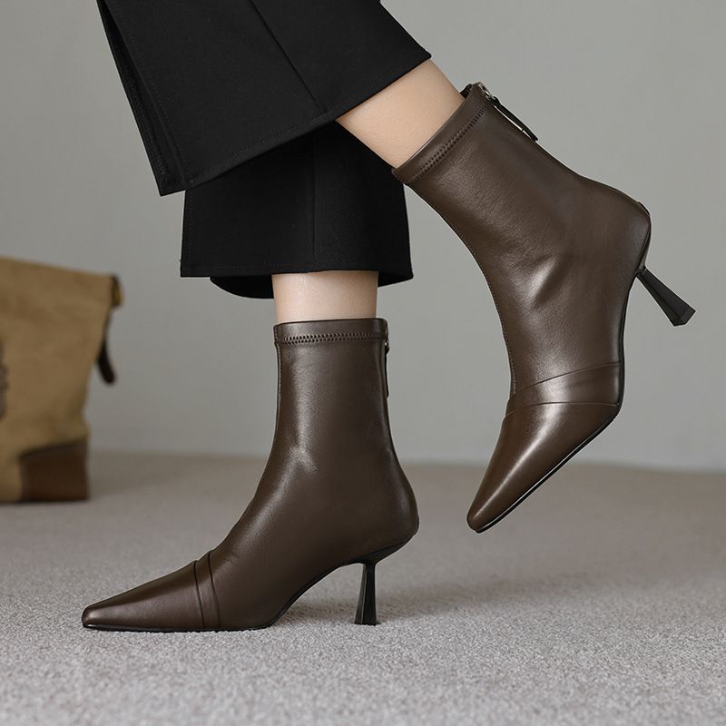 Stivaletti alla caviglia eleganti, sottili, elastici, a punta, in vera pelle, per autunno e inverno, con tacco alto_voghion.com