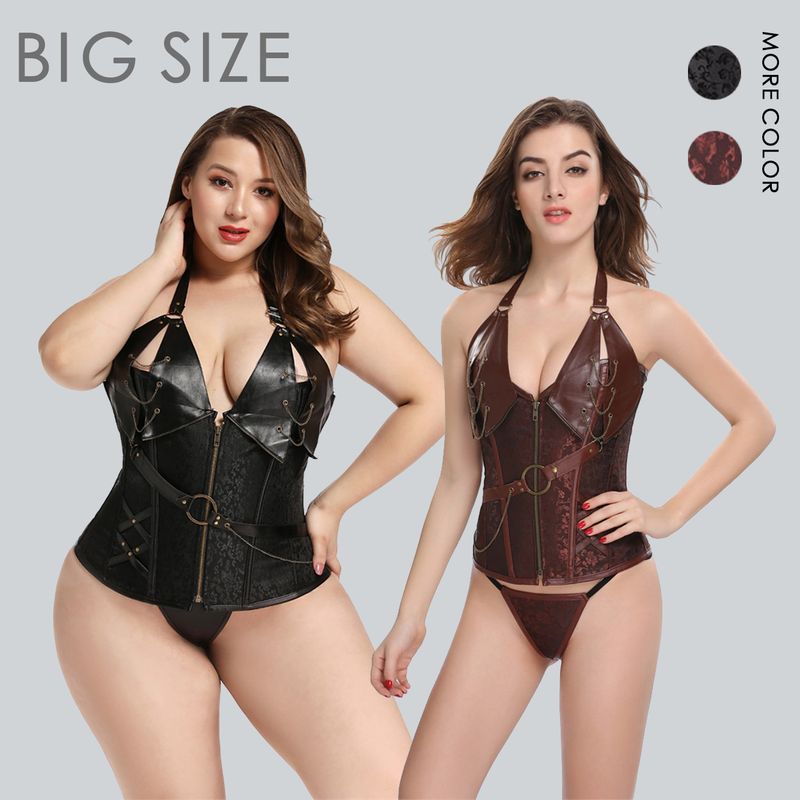 corsetto punk in metallo acciaio uniforme in pelle popolare corsetto modellante in pelle marrone nero con scollo all'americana_voghion.com