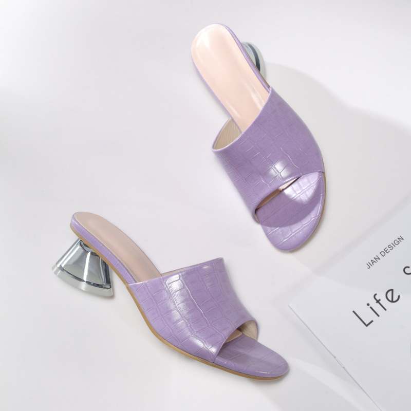 Sandals With Crystal Sandals Slippers Women's Plus-size Stone Leather Wear Thick Heel One-line Shoes Half Drag_voghion.com