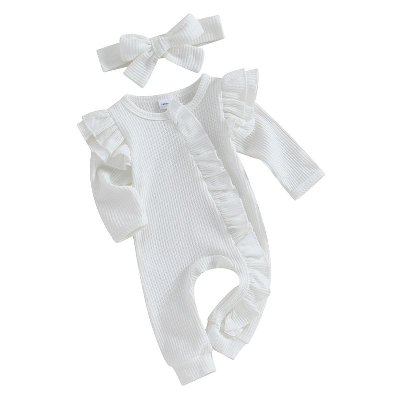 Pudcoco Infant Baby Girl Autumn Jumpsuit Solid Color Round Neck Flying Sleeve Ruffled Zipper Romper with Bow Headband 0-12M_voghion.com
