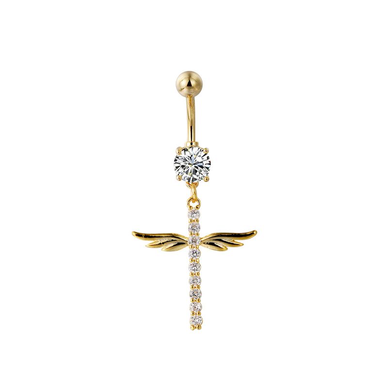 Piercing per ombelico a forma di croce e ali d'angelo - Gioiello per il corpo in stile punk con zirconi cubici, acciaio chirurgico 316L (14G/16G)_voghion.com