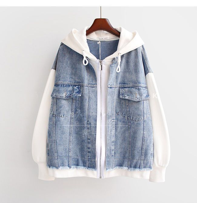 Plus Size Denim Jacket For Women – Oversized Hooded Baseball Style, Comfort Fit (L-4XL, Pink/White)_voghion.com
