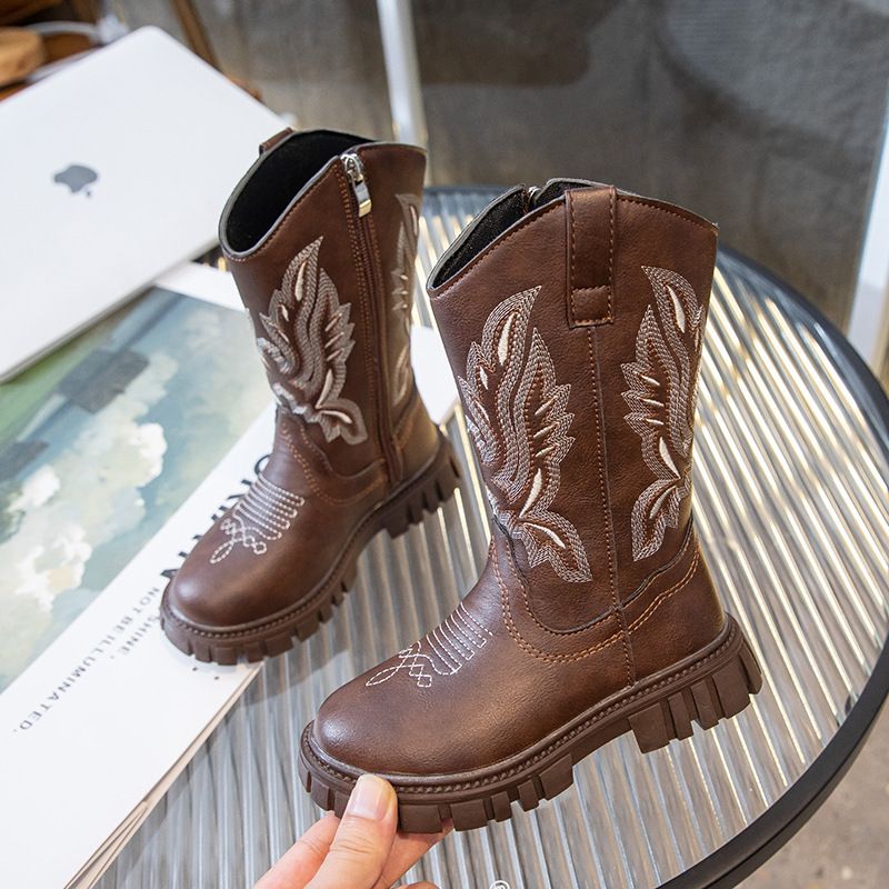 Martin 2025 Neue braune bestickte Denim-Stiefel für Mädchen mit weicher Sohle und mittlerer Wadenhöhe_voghion.com