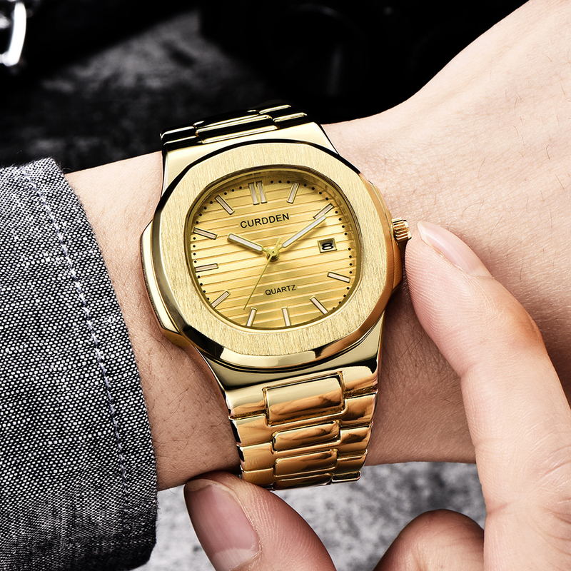 Herrenuhr mit Stahlband, modisch, goldfarben, Datum, Quarzuhr_voghion.com