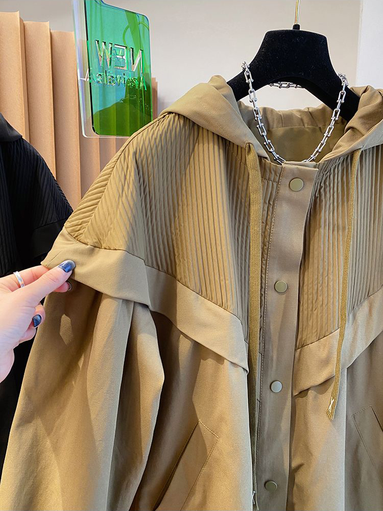 2023 herbst Frau Patchwork Übergroßen Mantel Mit Kapuze Mode Koreanische Streetwear Casual Khaki Schwarz frauen Windjacke Mantel_voghion.com