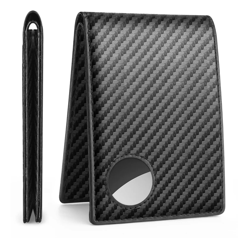 Rfid Carbon Fiber Leather Airtag Wallets Credit Card Holder Air Tag Purse Black Minimalist Wallet For Men_voghion.com