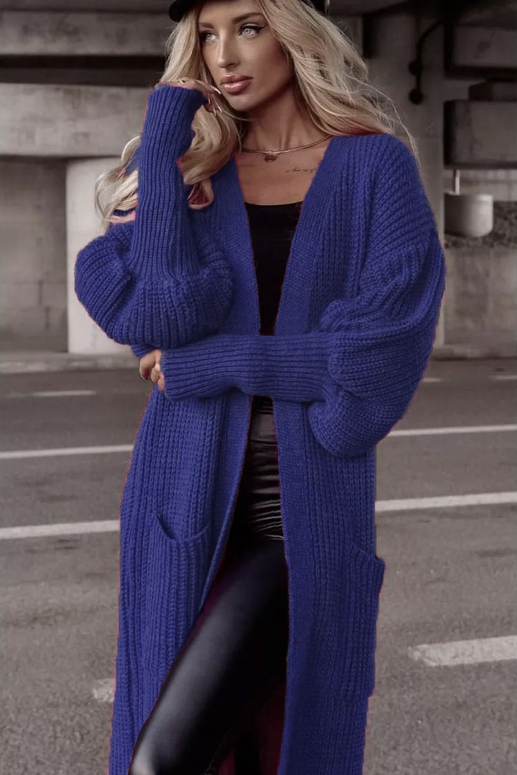 Women's Clothing Long Sleeve Batwing Pocket Cardigan Sweater - Oversized V-Neck Open Front Knit Coat In Soft Acrylic, Elegant Longline Design_voghion.com