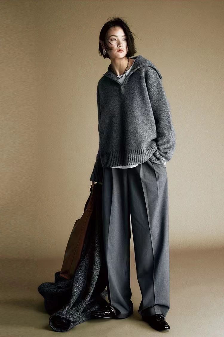 25 Autumn Winter Lazy Wool Women Half Zipper Turn-down Collar Sweater New Thickened Niche Knitted Top Loose Fit_voghion.com